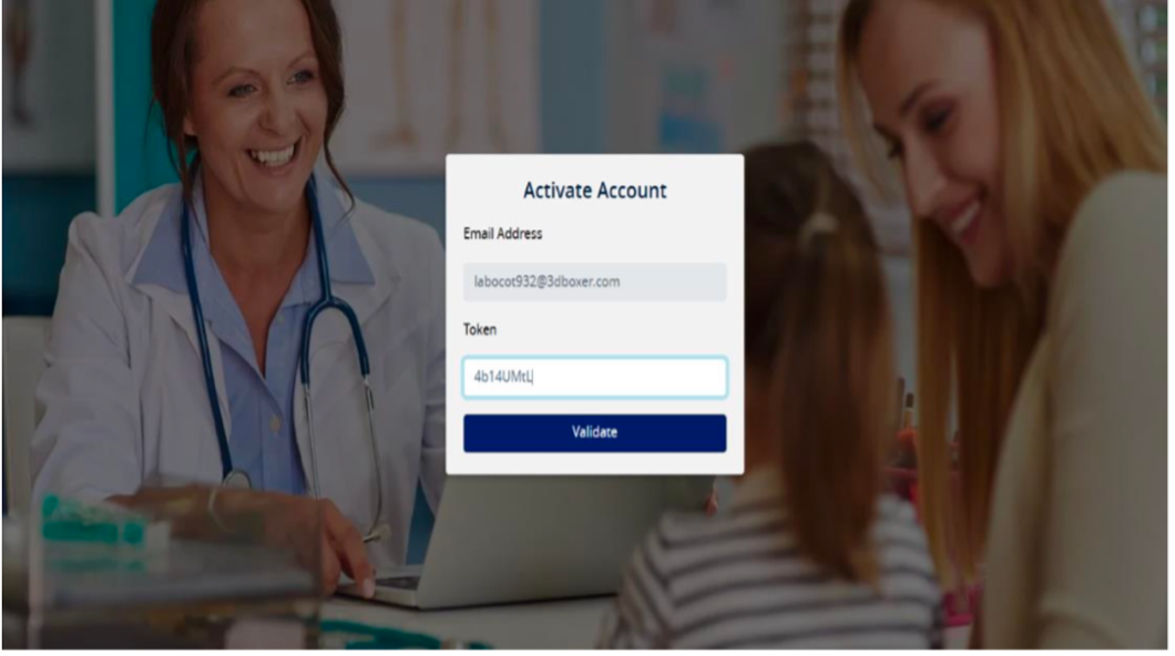 Activate Account page with token and validate button